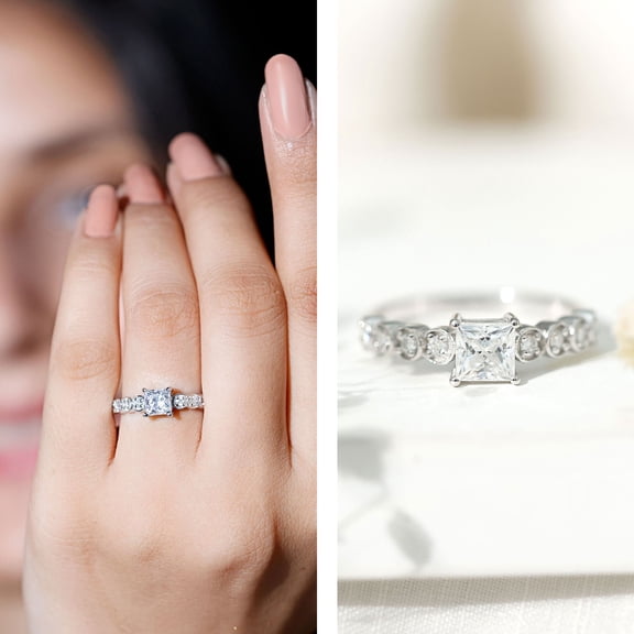 Rosec Jewels Princess Cut Moissanite Engagement Ring with Side Stones - 5 mm - D-VS1 Quality, 925 Sterling Silver, US 4.00