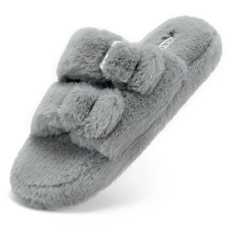 

Ladies Open Toe Indoor Fluffy Slippers Buckle Decor Slides Comfortable Anti-slip Home Shoes