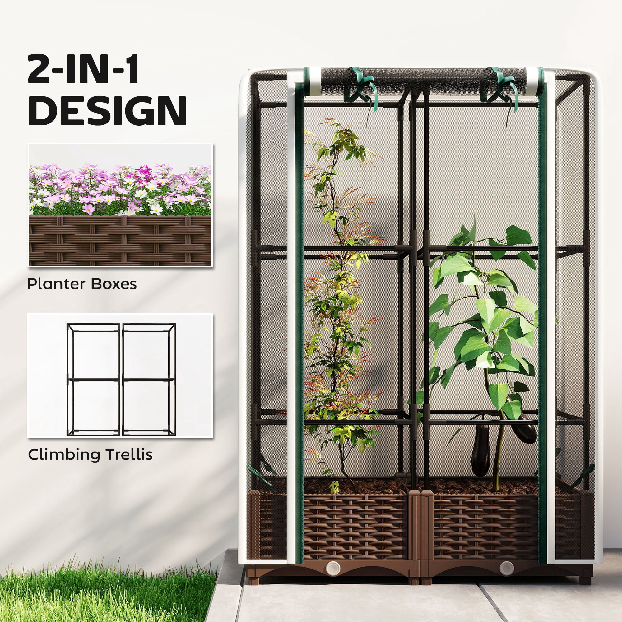 Dranite Raised Garden Bed with Trellis & Crop Cage, Self-Watering Planter Box, 46.5 Inch, White