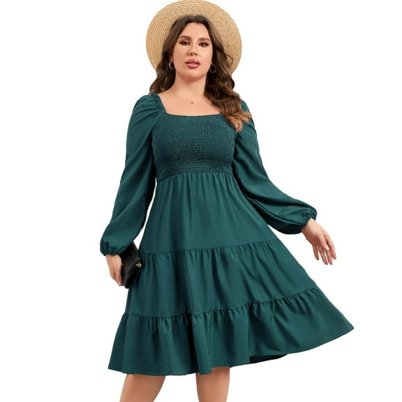 Plus Size Floral Dresses Women's Long Sleeve Square Neck Smocked Flowy Ruffle A Line Maxi Dress