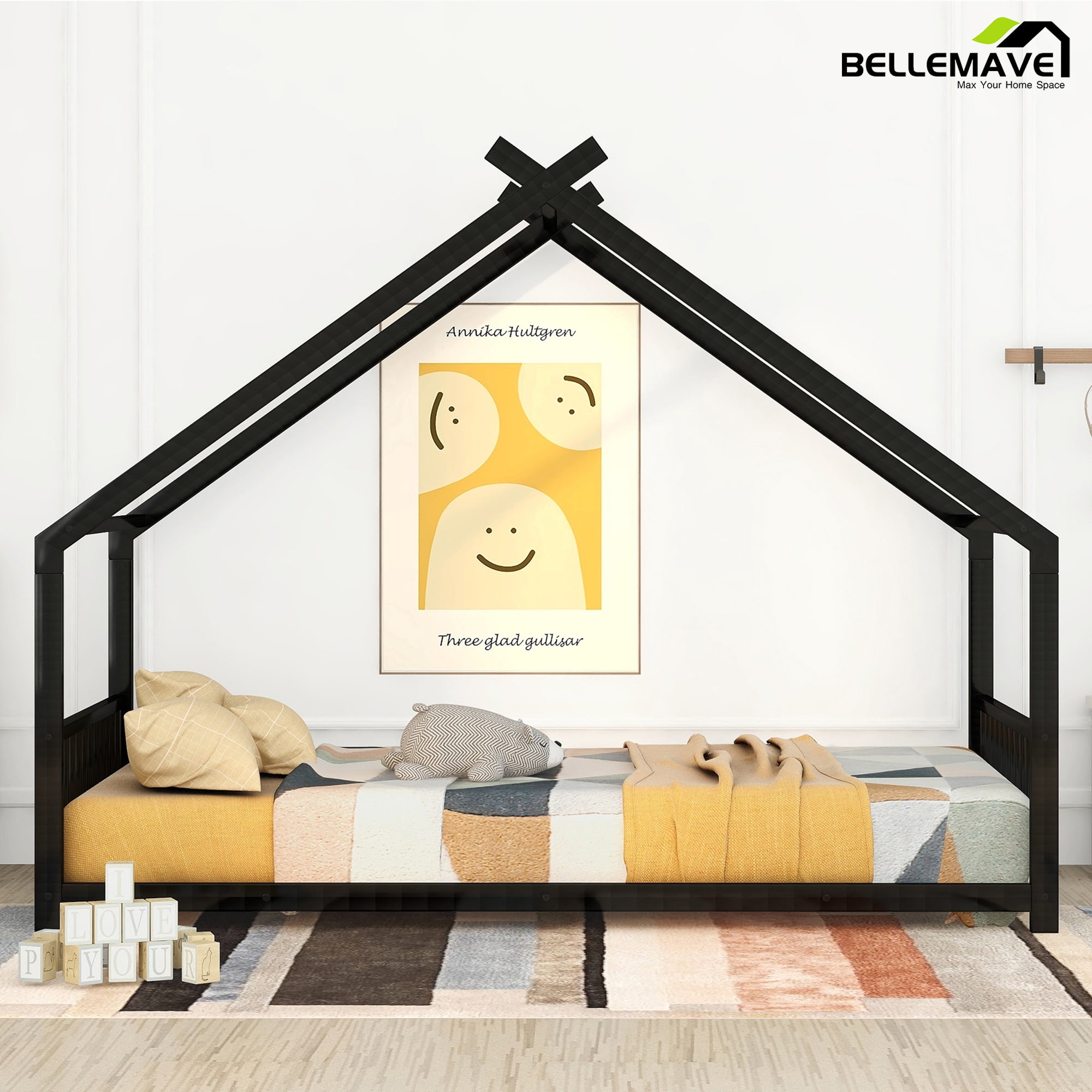 Bellemave Twin Metal House Bed with Headboard and Footboard Montessori House Bed, Metal Floor Bed Frame with Roof, No Box Spring Needed, Black