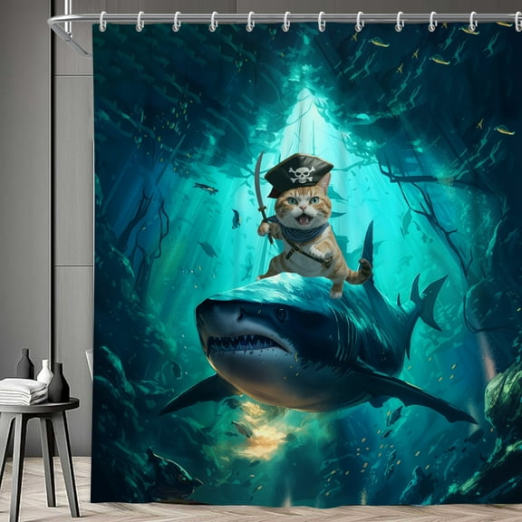 Funny Cat Shower Curtain, Cool Cat Riding Whale Shark on Ocean Waves Washable Fabric Shower Curtains Bathroom Decor with Hooks, 72X72inch