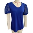 thumbnail image 1 of Camiseta con cuello en V para mujer, mangas cortas abombadas, empalme de encaje, color puro, holgada, camiseta de verano, azul oscuro L, 1 of 3