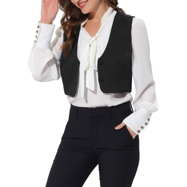 INSPIRE CHIC Women's Floral Pattern V Neck Sleeveless Button Satin Waistcoat Vest S Blacks