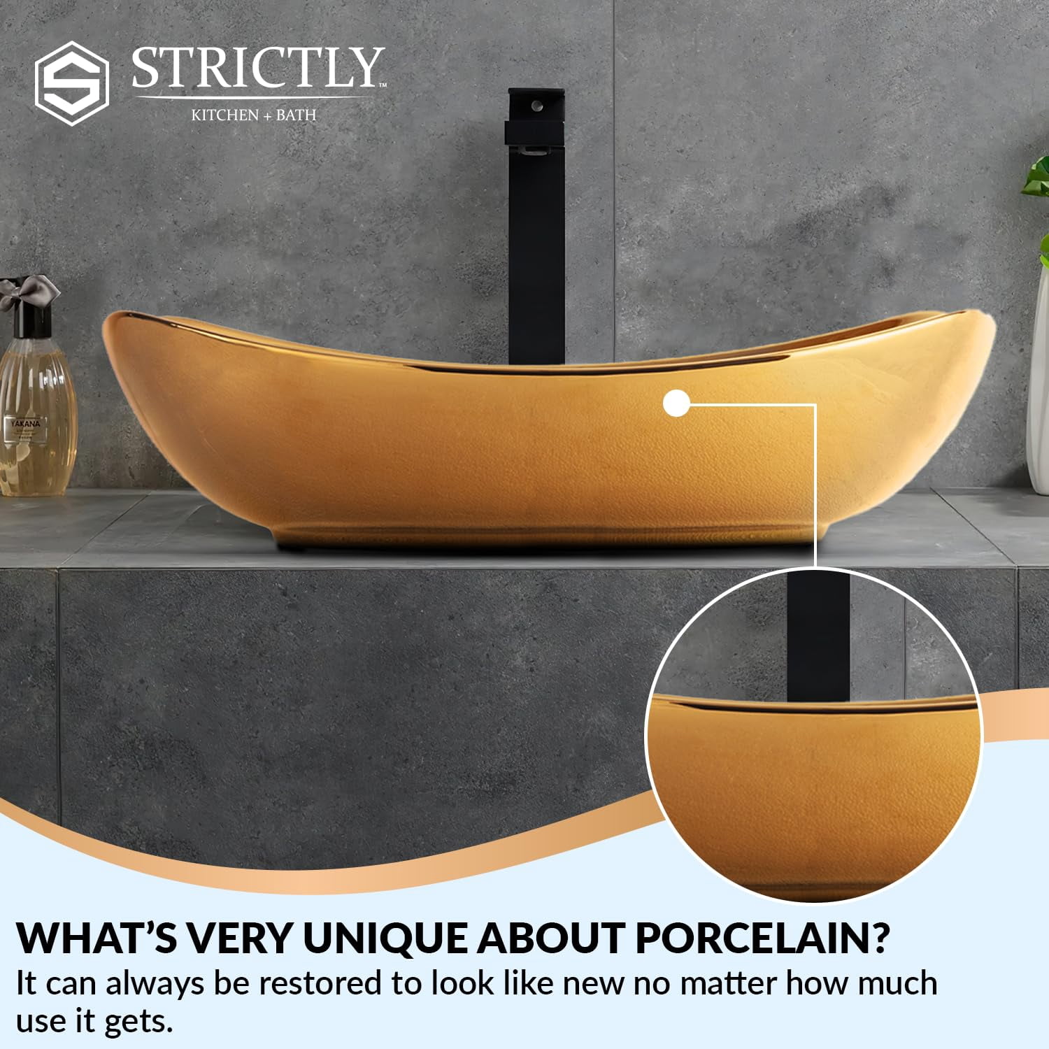 Strictly Sinks 19 Inch Gold Vessel Sink – Gold Glossy Ceramic Countertop Bathroom Sink