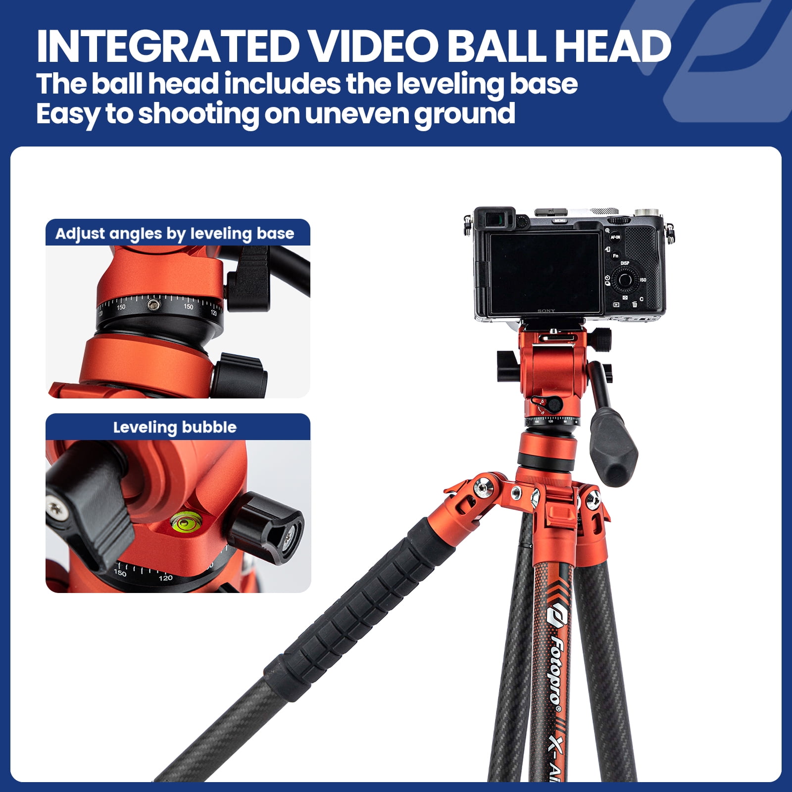 Fotopro X-Aircross 3 Video Tripod with Lightweight 3K Carbon Fiber Legs, Fast Locking System, and Two Section Center Column (Orange)