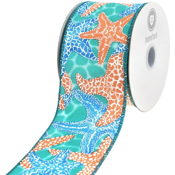 HOMEFORD Summer Starfish Satin Wired Ribbon, 2-1/2-inch, 10-yard, Teal