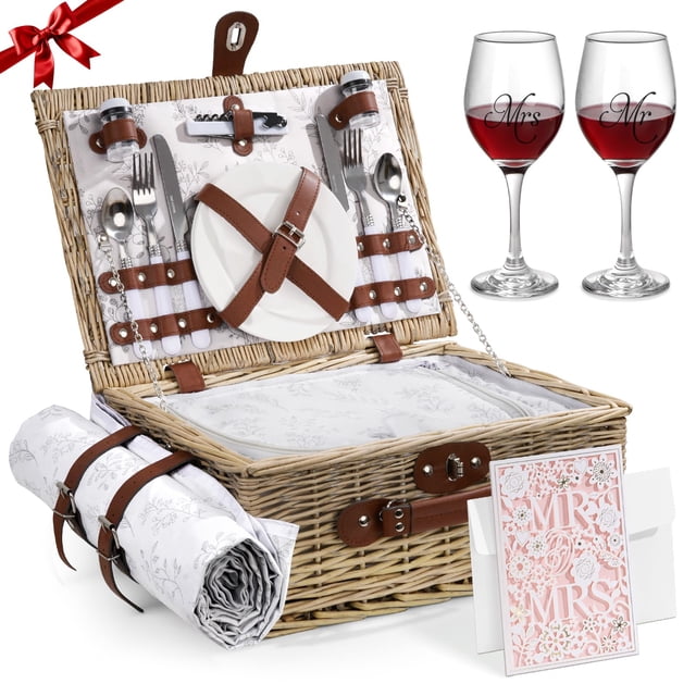 Cesta de pícnic Filano para 2 personas con copas de vino Mr Mrs y tarjeta 2025
