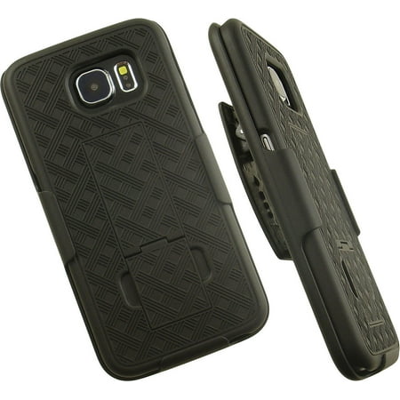 NAKEDCELLPHONE'S BLACK KICKSTAND TEXTURED HARD CASE COVER + BELT CLIP HOLSTER STAND FOR SAMSUNG GALAXY S6 PHONE 