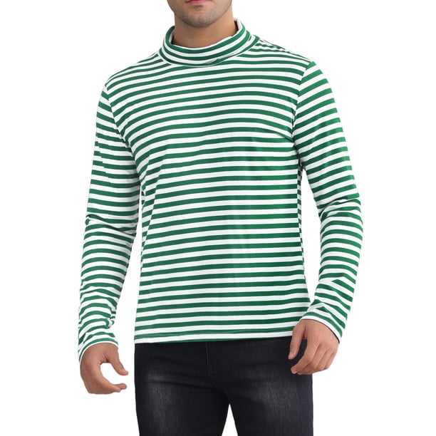 Camiseta de cuello alto a rayas INSPIRE CHIC para hombre, de manga larga, pullover, camiseta a rayas XL verde y blanca