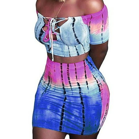 Women's Sexy Tie Dye Off Shoulder Criss Cross Lace Up Crop Top and Bodycon Midi Skirt Dress Outfit Two-Piece Set