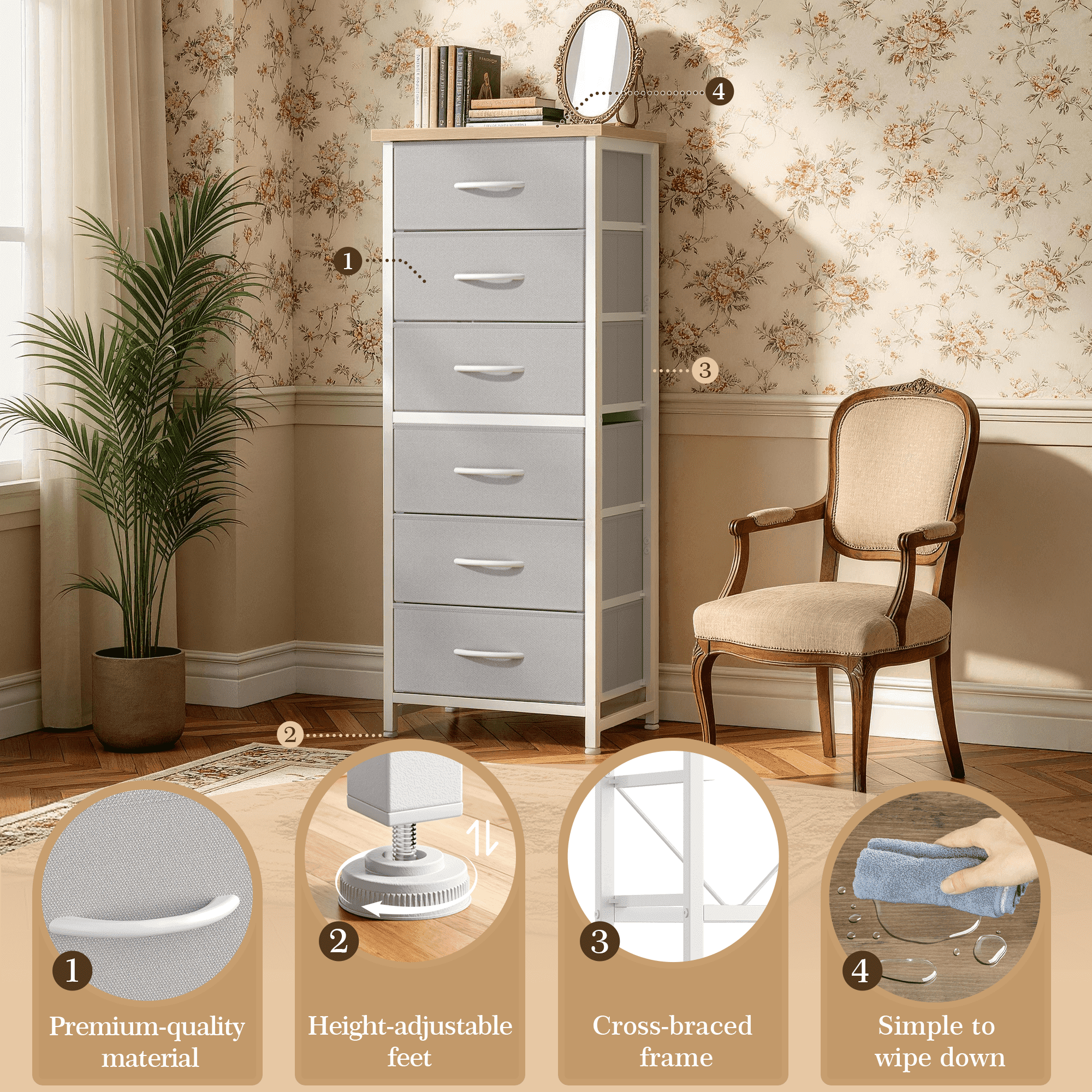 CONCETTA Tall Storage Dresser with 6 Fabric Drawers, Metal Frame with Cross Support Rods, Anti-Tip, Wood Top for Bedrooms, Offices and Compact Spaces, Light Gray