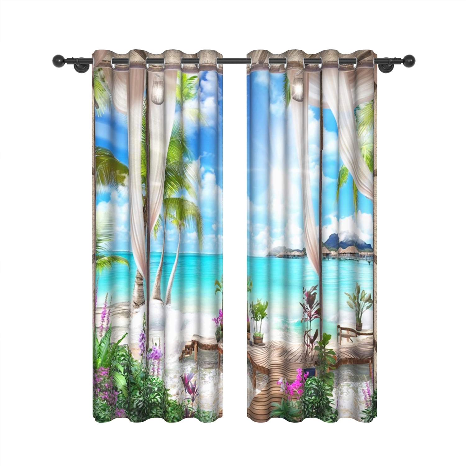 Sunlight Beach Blackout Curtains, Room Darkening Grommet Curtains, White Window View, 52"x63", 2 Panel