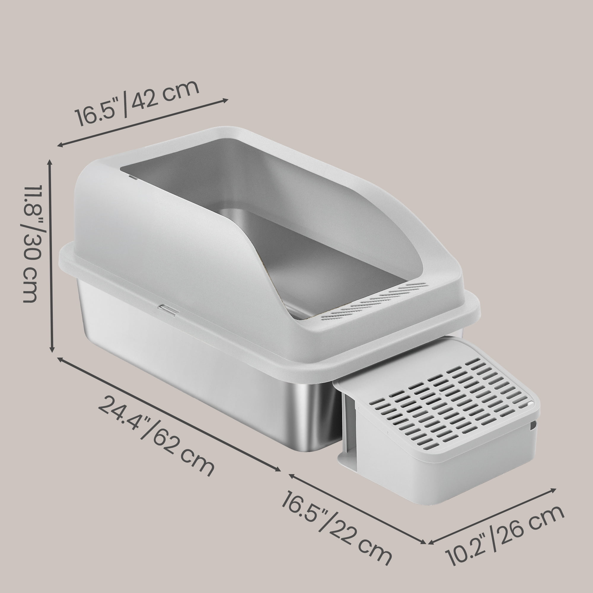 LEDREM Stainless Steel Open Top Cat Litter Box with Step, High-Sided Litter Tray for Cats up to 33 lb, Dove Gray