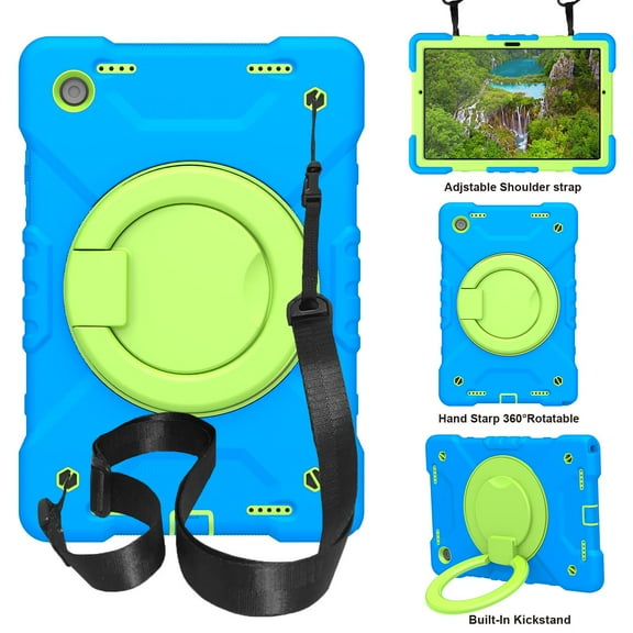 for Samsung Galaxy Tab A8 10.5 2022 SM-X200 / SM-X205, 360° Rotating Multi Functional Handle Ring Kickstand Built-in Pen Holder with Shoulder Strap 3-layer Protection Tablet Case, Blue
