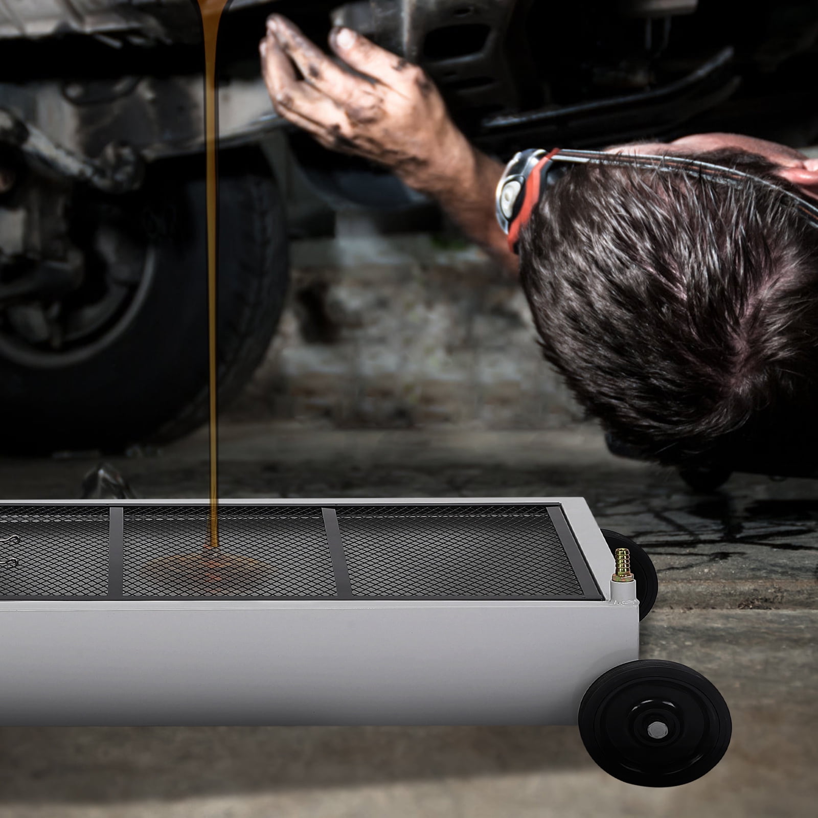 15 gallons steel Low Profile Oil Drain Pan. Oil Drain Tray w/ 8-Foot Hose & Folding Handle. Rolling Oil Drain Cart for Trucks & RVs
