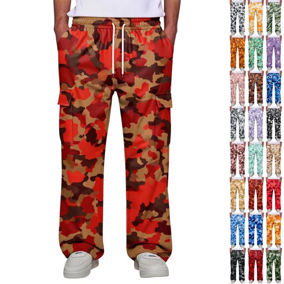 GrmtClth Mens Camo Cargo Pants Cuffs Lightweight Relaxed Fit | Casual Hiking Work Pants Outdoor trousers Straight Leg with Elastic Waist Drawstring Multi Pockets Light Brown L