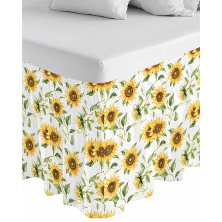 Sunflower Wrap Around Bed Skirts for King Bed 18" Drop, Bed Skirt with Adjustable Elastic Belt Dust Ruffle Bed Valance for Bedroom Hotel Luxury Farmhouse Flowers Summer Botanical Bed Frame Cover