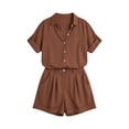 thumbnail image 4 of 2 Piece Summer Sets for Women Ndbuld Women's Summer And Linen Set Casual Collar Button Up Shirt+wide Leg Shorts Set Two-piece Set Beige M, 4 of 9