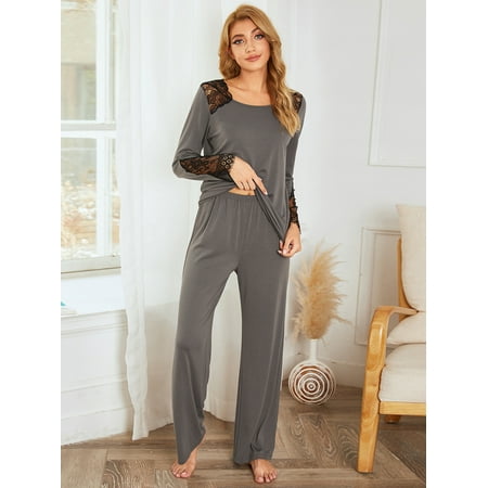 

Womens Pajamas Set Sleepwear Lace Sleeve Sleepshirt with Comfy Long Pajamas Bottoms Pants Set of 2 Cotton Pjs Set Ladies Loungewear Winter Sleepwear Soft Lounge Set S-2XL Gray