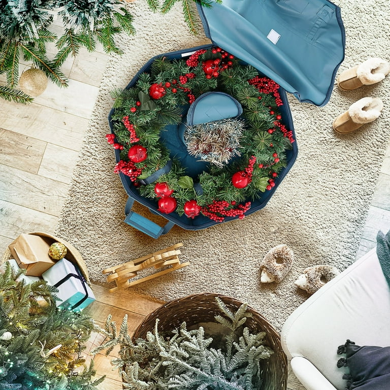 Hearth Harbor 24 Christmas Wreath Storage Container with Interior Pockets and Dual Zippers Blue