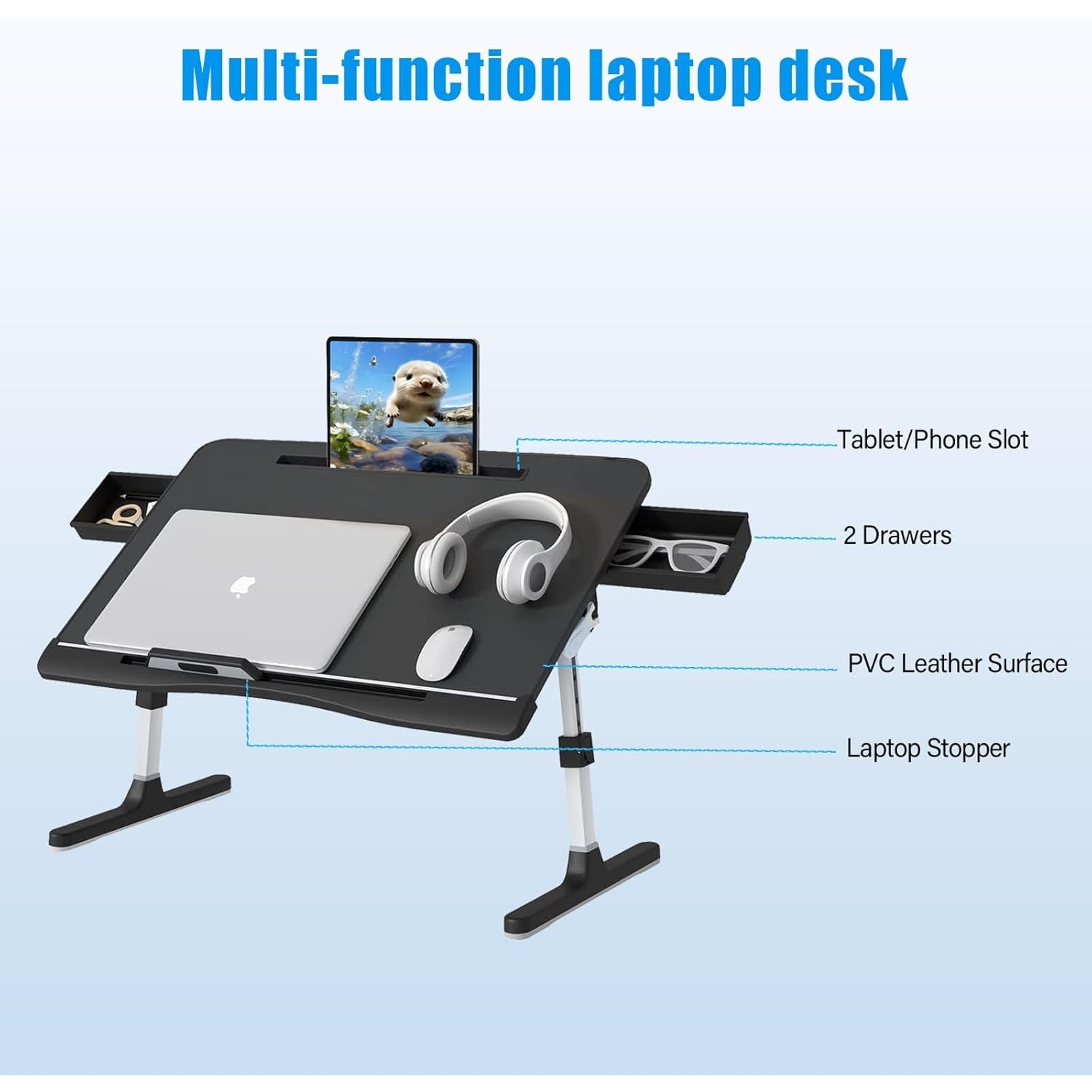 Bed Desk for Laptop, Adjustable Lap Desk with 2 Storage Drawers, Premium PVC Leather, Foldable Laptop Table for Eating, Working, Writing and Drawing