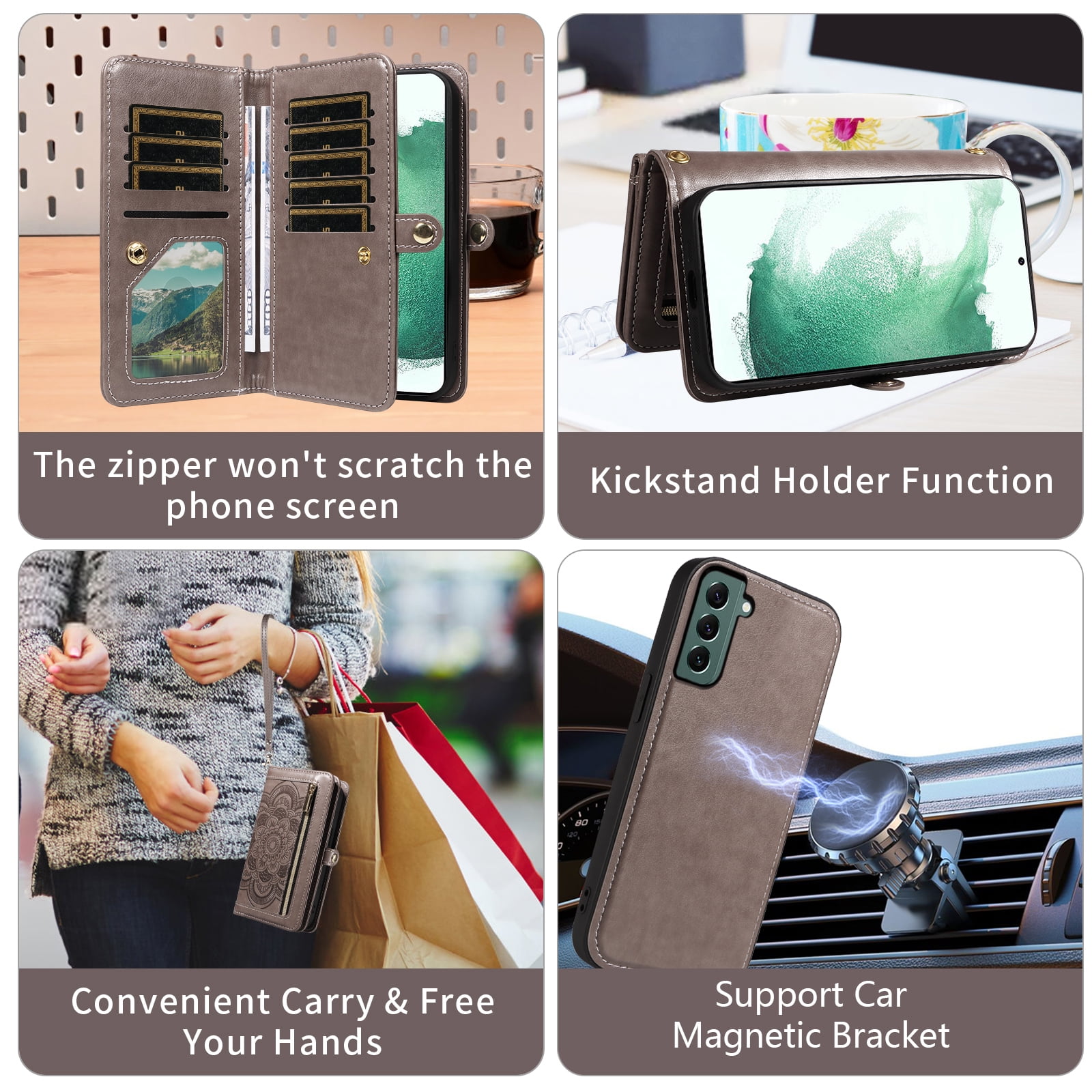 Asuwish Phone Case for Samsung Galaxy S22 Plus S22+ 5G Zipper Wallet Detachable Cell Cover with Tempered Glass Screen Protector Strap Flower Flip Card Holder S22+5G S22plus 22S + S 22 22+ Women Gray