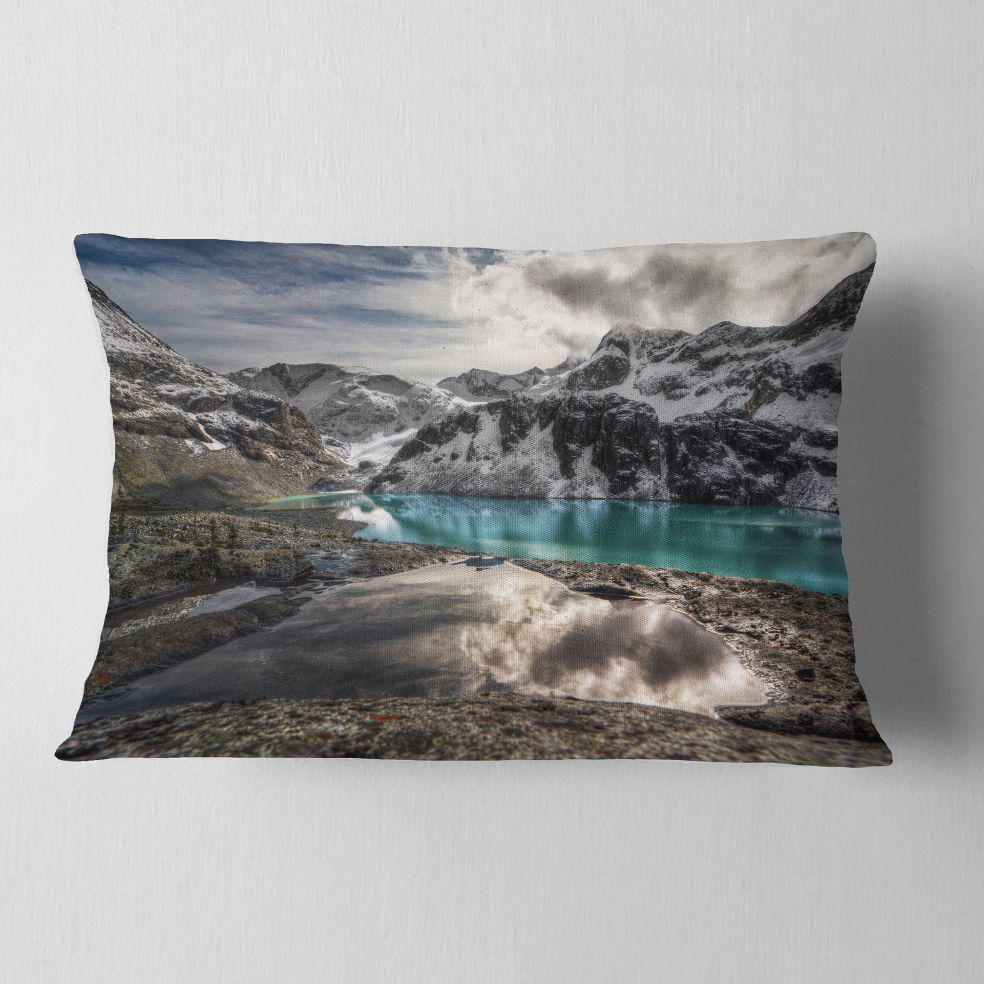 Designart Mountain Creek under Cloudy Sky - Landscape Printed Throw Pillow - 12x20