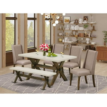 East West Furniture X726FL716-6 6 Piece Dining Table Set Contains a Rectangle Kitchen Table with X-Legs and 4 Dark Khaki Linen Fabric Parson Chairs with a Bench, 36x60 Inch, Multi-Color