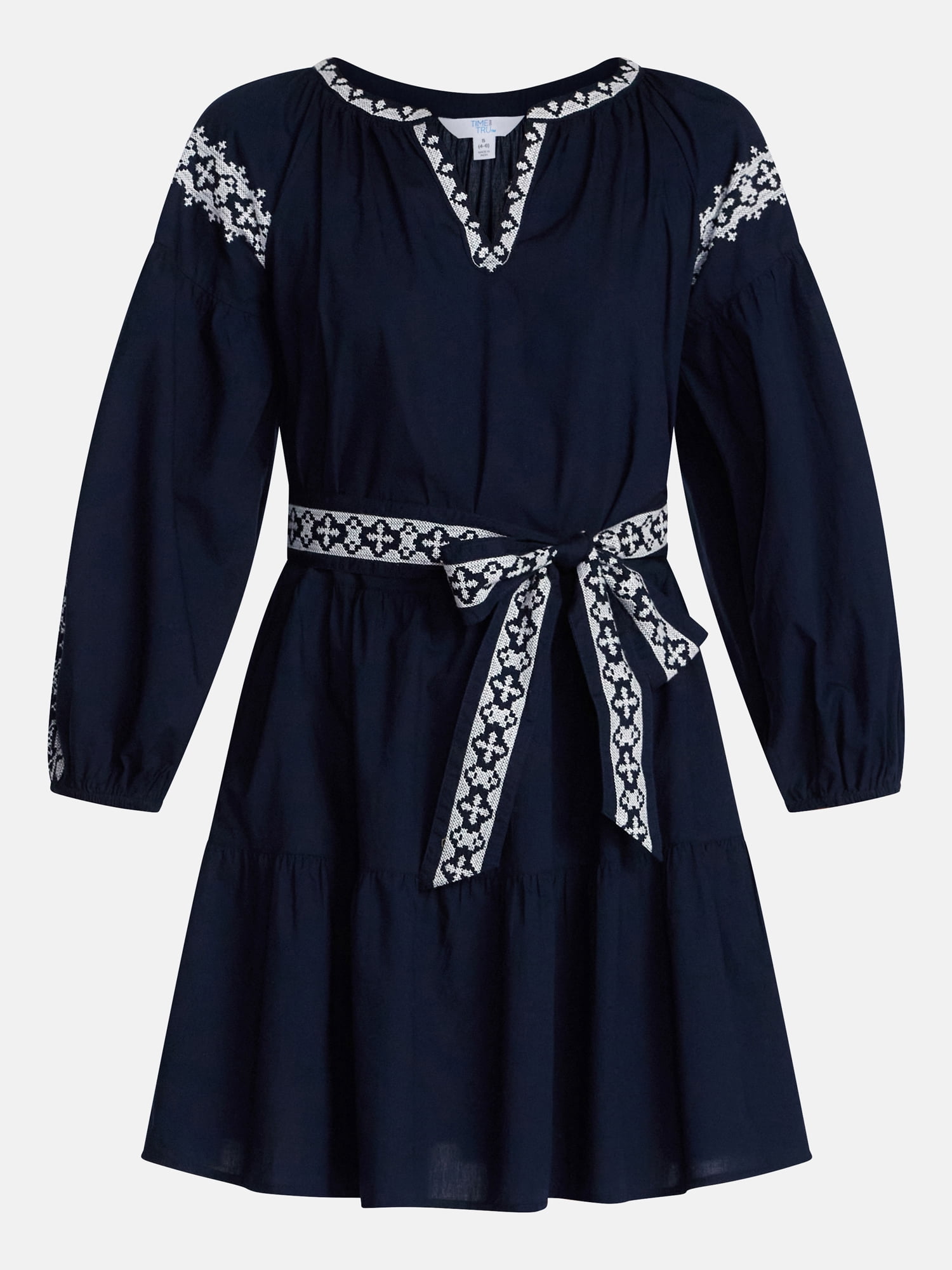 Time and Tru Women's Embroidered Cotton Mini Dress with Long Blouson Sleeves, Sizes XS-XXXL
