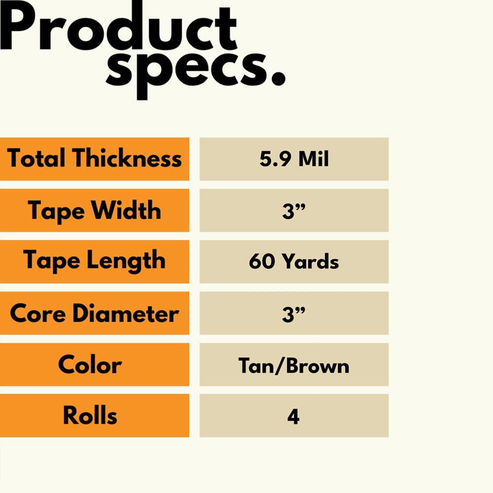 MMBM 5.9 Mil - Brown Heavy Duty Carton Sealing Flat-Back Paper Tape Impressive Tensile Strength, Strong & Secure Seal, Rubber Adhesive, 3" x 60 Yards, 4 Rolls