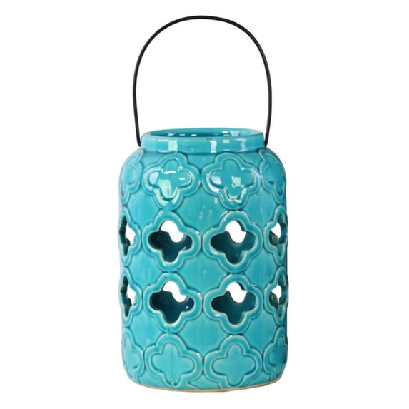Urban Trends Ceramic Cylindrical Lantern with Cutout Quatrefoil Design