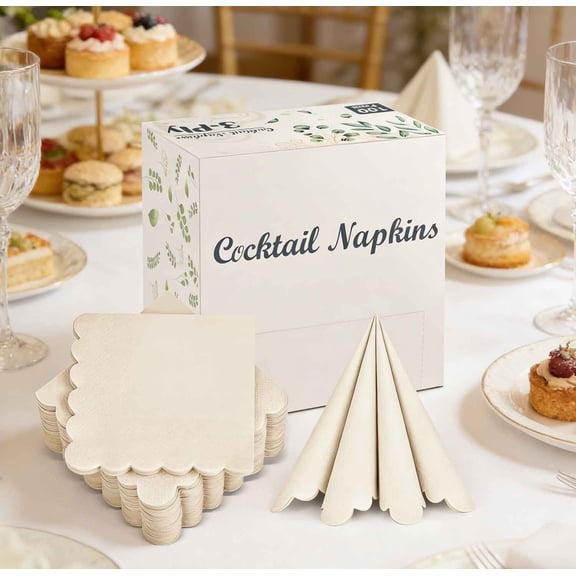 Cocktail Napkins 3-Ply Scalloped Edged Folded Napkins, Disposable Napkins for Dinner Party Bridal Anniversary Reception (Milky-White)