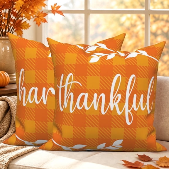 Fall Thanksgiving Throw Pillow Covers 18x18 Set of 2 Double-Sided Orange Buffalo Plaid Soft Cushion Covers Farmhouse Autumn Decor