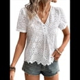 thumbnail image 2 of Blusas de Verano con Ojales para Mujer, Elegantes, Informales, con Cuello en V, Mangas Acampanadas, Encaje Calado y Bordado, 2025 XL, 2 of 9