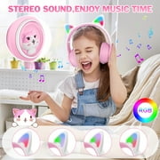 QearFun Kids Wireless Headphones, Cat Ear Headphones with LED Lights for Kids/Boys/Girls/Toddler Aged 3 up, Childrens Bluetooth Headphones Foldable with Microphone for Phone/Tablet/Laptop (Pink)