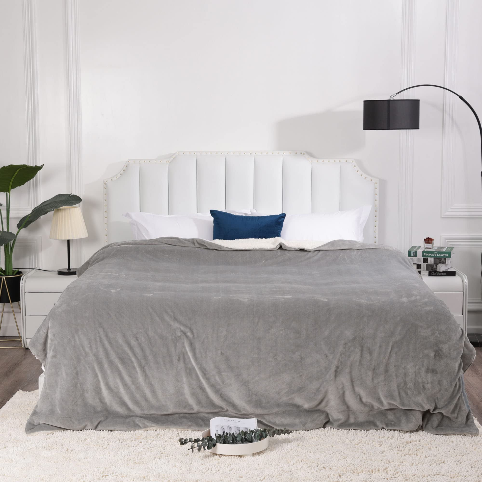 MOSHU Double Sided Sherpa Flannel Light Grey Bed Blanket, Reversible, Soft, Fluffy
