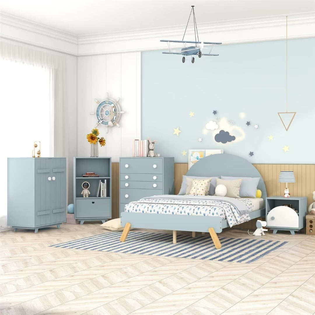 5Pieces Bedroom Sets for Kids, Full Size Platform Bed Frame with