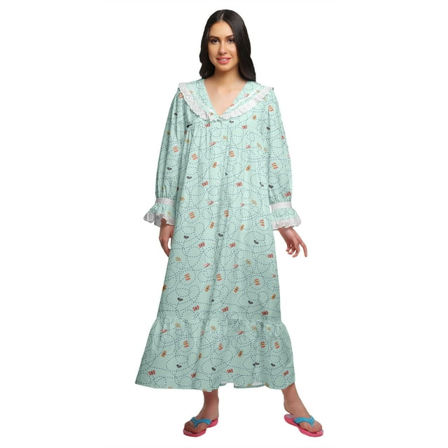 Moomaya Robe de Nuit Maxi à Manches Longues Imprimée Boutonnée en Coton