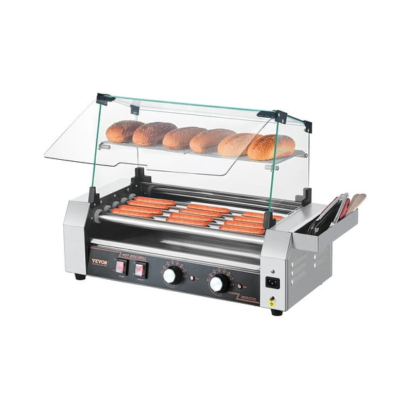 VEVOR Hot Dog Roller, 12 Hot Dog 5 Rollers, Stainless Steel Sausage Grill Cooker, 750W Commercial Hot Dog Machine with Dual Temp Control, Cover, Side Storage Box, Removable Shelf & Oil Drip Tray