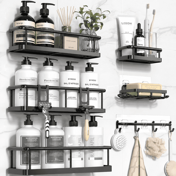 6-Piece Shower Caddy Organizer Set, Rustproof Stainless Steel Bathroom Shelves with Soap Dish and Toothbrush Holder, No-Drilling Adhesive Wall Mounted Storage Rack for Shower, Kitchen and Home
