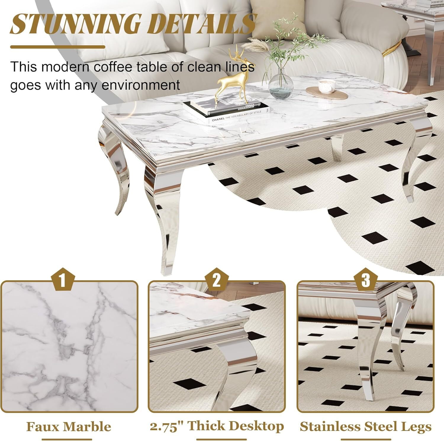 Modern Rectangular Marble Coffee Table, 46.85" Faux Marble Top with Silver Mirrored Stainless Steel S-Shaped Legs, for Living Room, Lounge Area