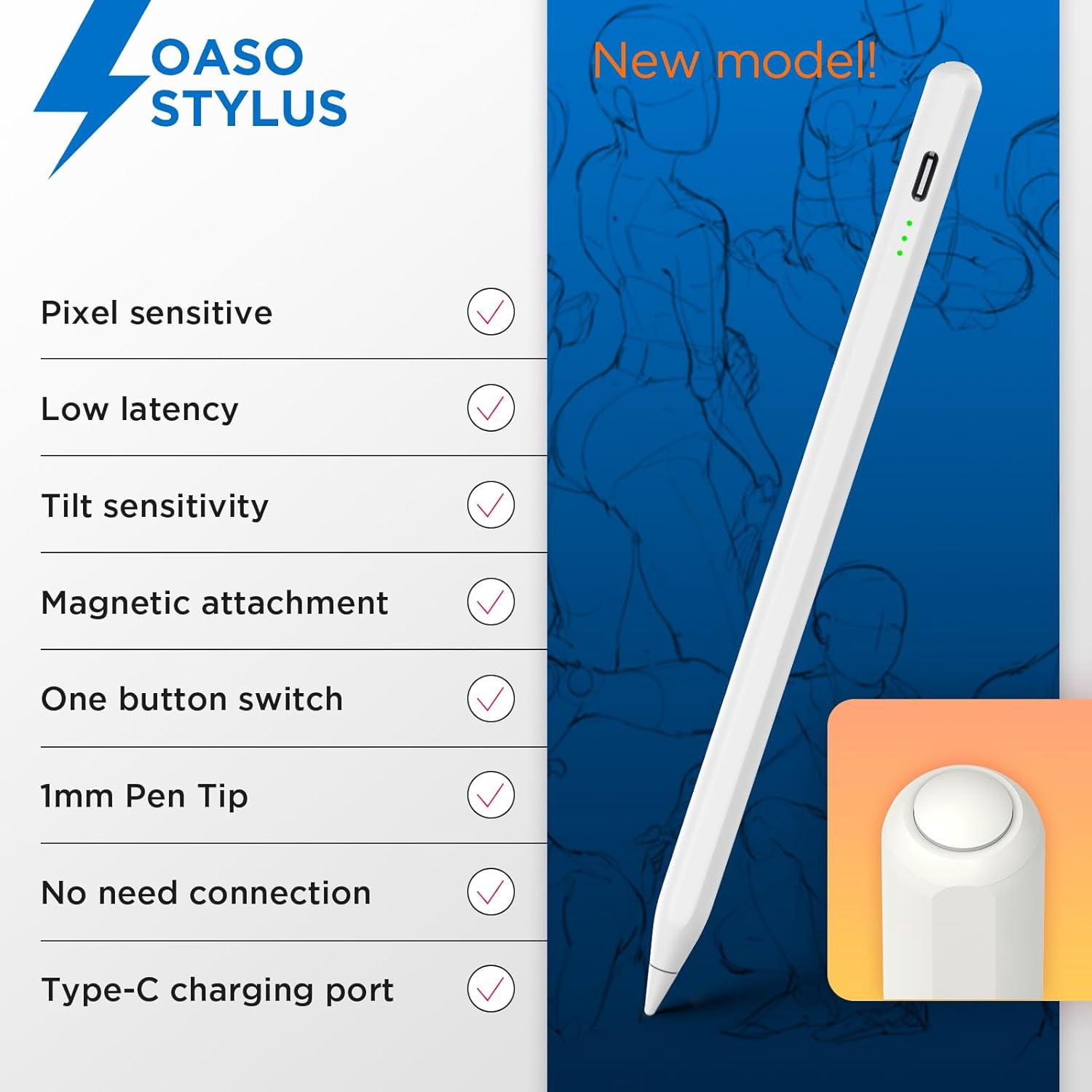 Stylus Pen, Tilt Drawing Palm Rejection Stylus Pencil for Apple iPad 6/7/8/9/10, Mini 5/6, Air 3/4/5, Pro 11''/12.9'', M2/M3/M4/M5, Include Pencil Grip & Extra Tips & Universal Stylus (White)