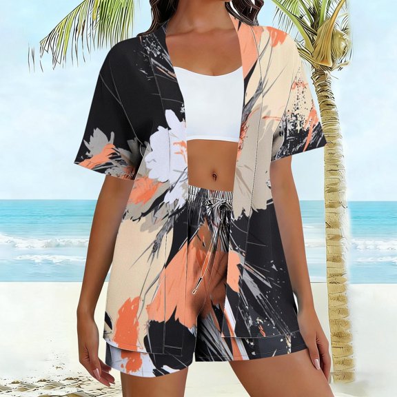 Gamivast Vacation Sets Women 2 Piece Outfits Floral Print Kimono Cardigan & Shorts with Cami Top 3 Piece Summer Suits Beach Cover Up Hawaiian Resort Clothing