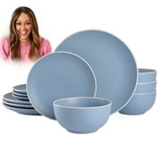 Angle View: Spice By Tia Mowry - Creamy Tahini 12-Piece Blue Stoneware Dinnerware Set