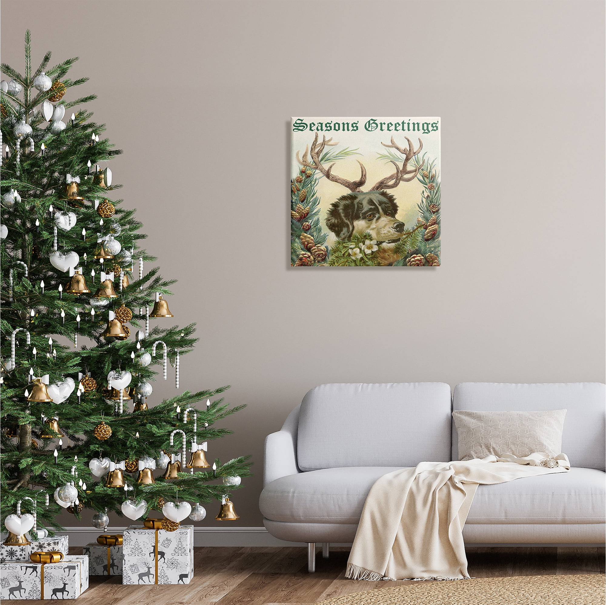 Stupell Industries Seasons Greetings Dog Wearing Antlers Botanical Border Graphic Art Gallery Wrapped Canvas Print Wall Art, Design by Alicia Longley