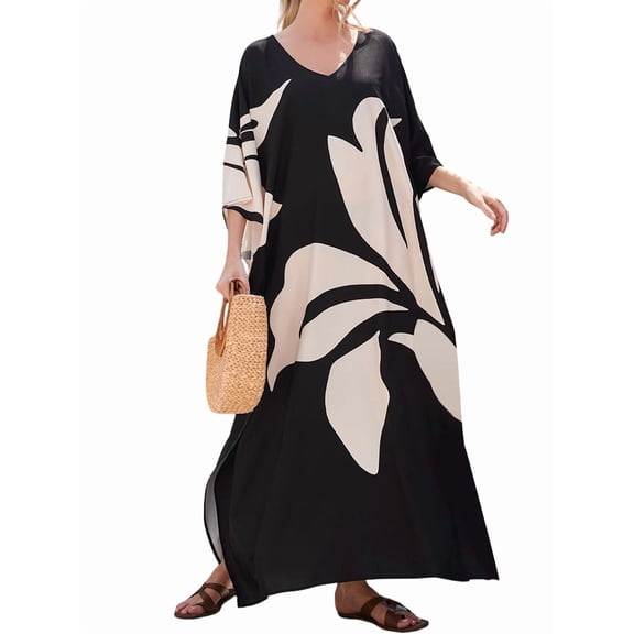 Women Full Length Kaftan Dress Bathing Suit Coverup Kaftan Print Beach Coverup Dress White One size
