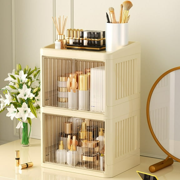Foldable Double-Door Cosmetic Storage Box with 2-Layer Drawers, Flat Cover Stationery Organizer for Desk Cabinet, Multi-Compartment Care Product Storage for Home Office