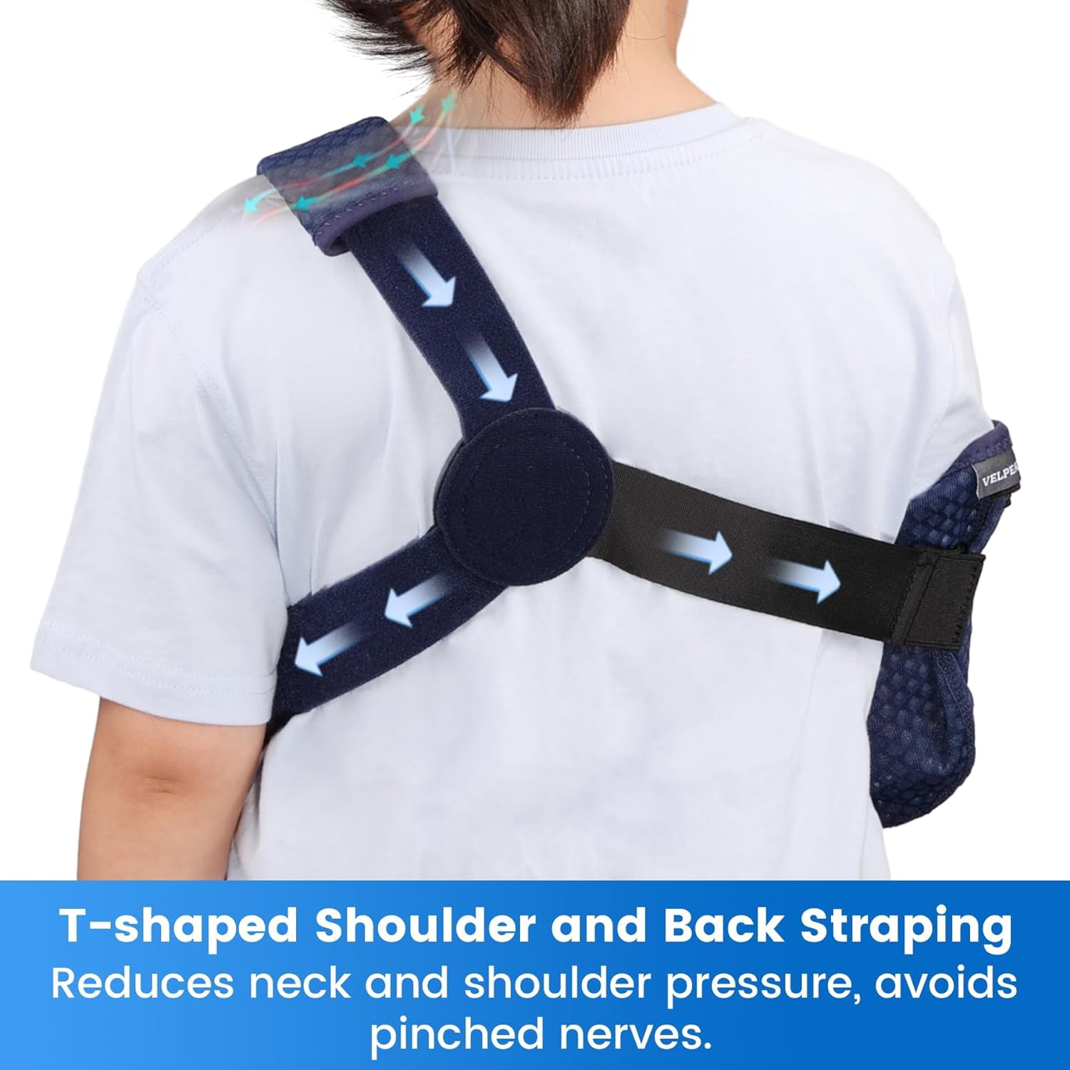 Velpeau Kids Arm Sling Shoulder Immobilizer with Waist Strap -Ventilated & Breathable Support Brace for Children, Boys, Girls (Mesh-Blue, Right, XS)