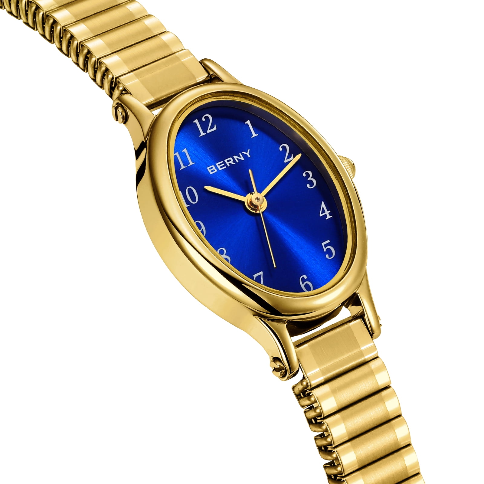 BERNY Gold Watches for Women, Vintage Women's Wrist Watch with Oval Dial, Expansion  Band, 3ATM Waterproof, Dainty Ladies Analog Quartz Watches, Blue